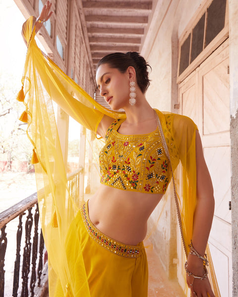 Yellow Crop Top Sharara Suit With Cape In Georgette Fabric