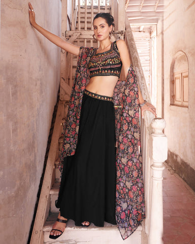 Black Crop Top Sharara Suit With Cape In Georgette Fabric
