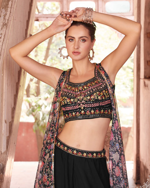 Black Crop Top Sharara Suit With Cape In Georgette Fabric