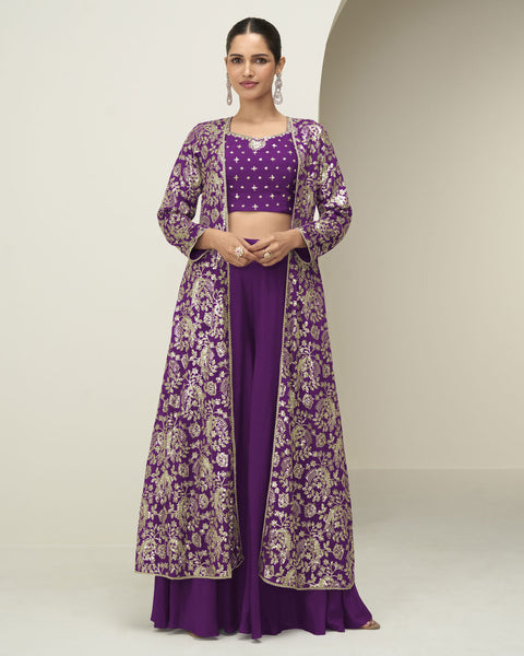 Purple Chinnon Women Readymade Zari Work Crop Top Palazzo With Shrug