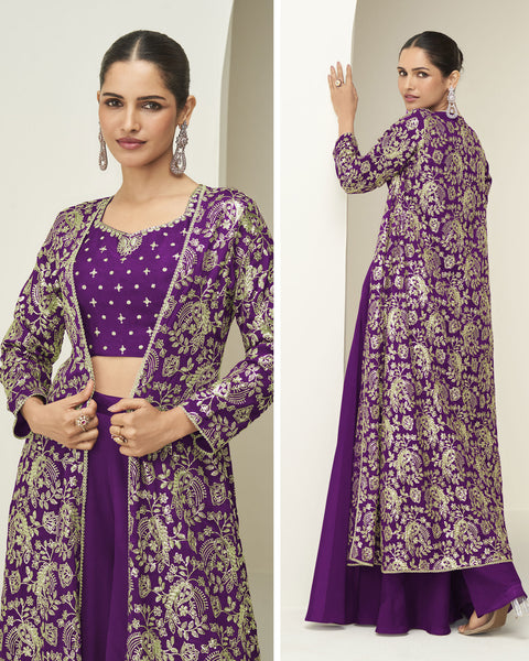 Purple Chinnon Women Readymade Zari Work Crop Top Palazzo With Shrug