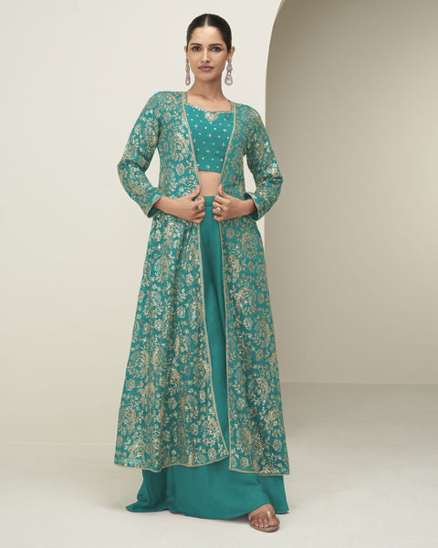 Teal Chinnon Women Readymade Zari Work Crop Top Palazzo With Shrug