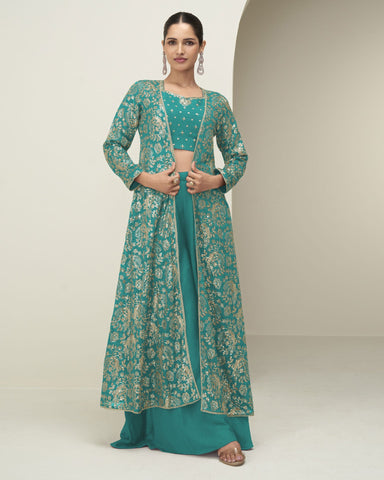 Teal Chinnon Women Readymade Zari Work Crop Top Palazzo With Shrug