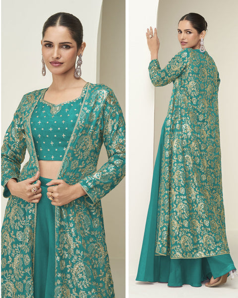 Teal Chinnon Women Readymade Zari Work Crop Top Palazzo With Shrug