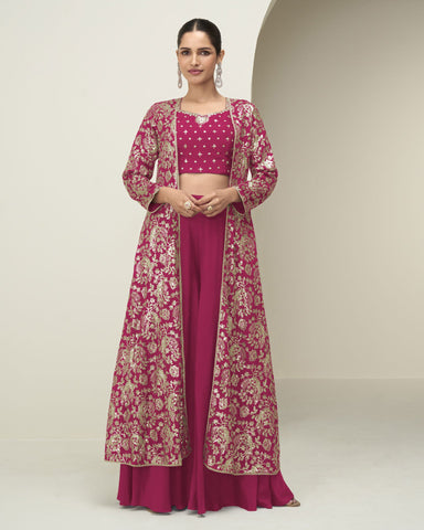 Pink Chinnon Women Readymade Zari Work Crop Top Palazzo With Shrug