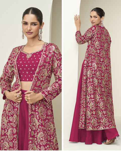 Pink Chinnon Women Readymade Zari Work Crop Top Palazzo With Shrug