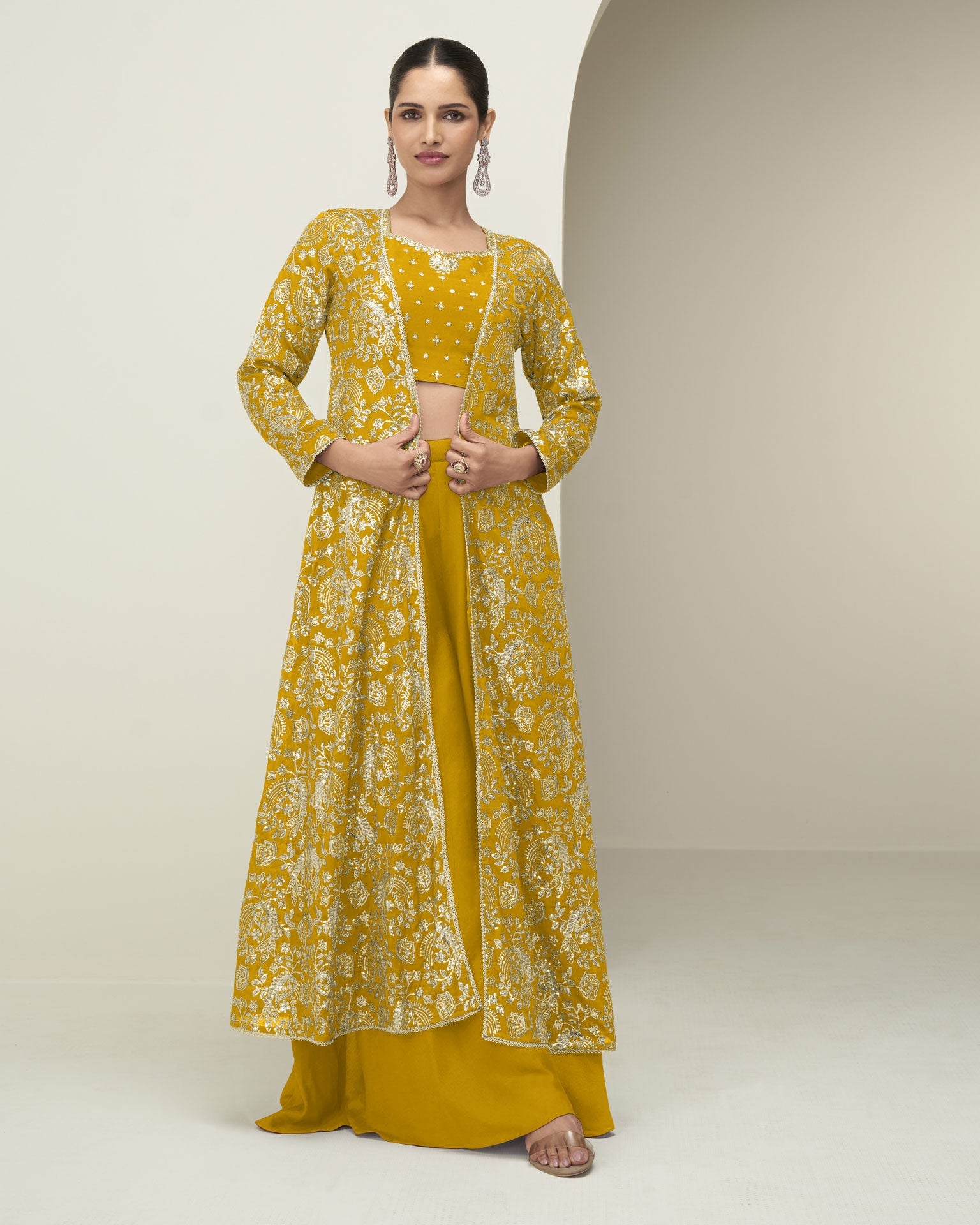 Yellow Chinnon Women Readymade Zari Work Crop Top Palazzo With Shrug