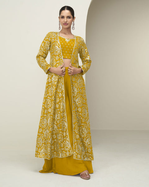 Yellow Chinnon Women Readymade Zari Work Crop Top Palazzo With Shrug
