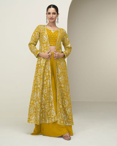 Yellow Chinnon Women Readymade Zari Work Crop Top Palazzo With Shrug