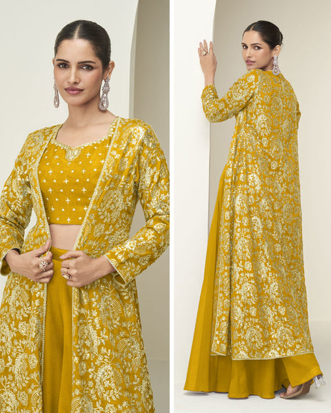 Yellow Chinnon Women Readymade Zari Work Crop Top Palazzo With Shrug