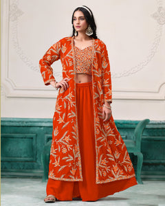 Orange Georgette Women Readymade Thread Work Crop Top Palazzo With Shrug