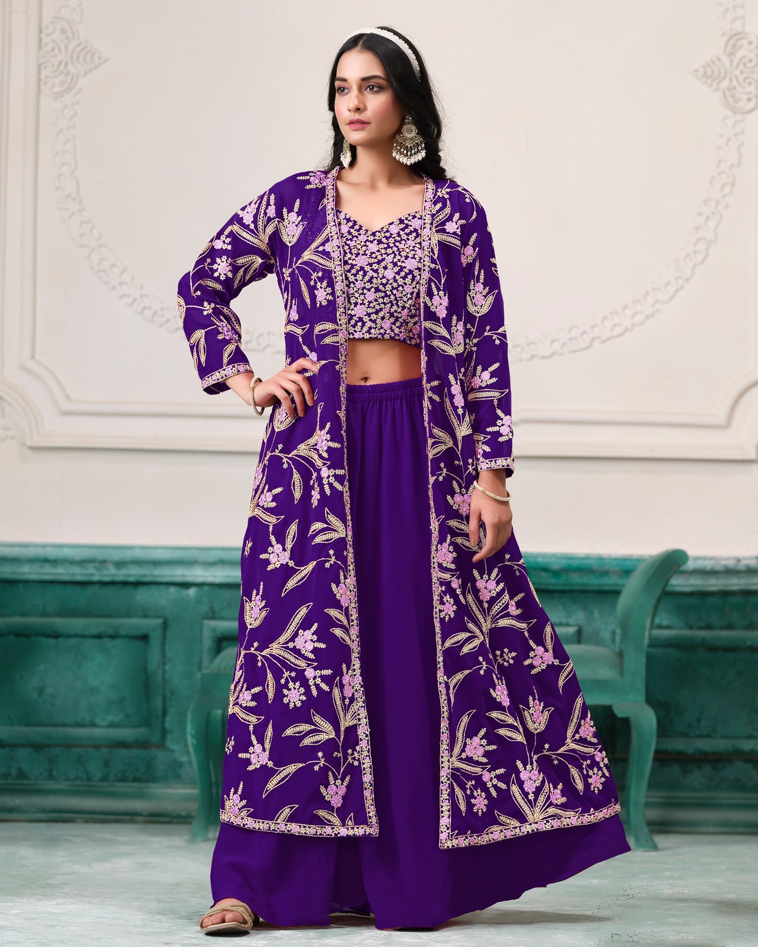 Blue Georgette Women Readymade Thread Work Crop Top Palazzo With Shrug
