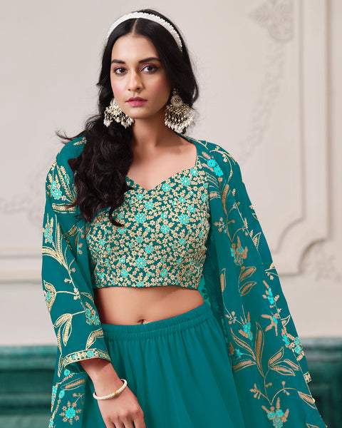 Rama Georgette Women Readymade Thread Work Crop Top Palazzo With Shrug
