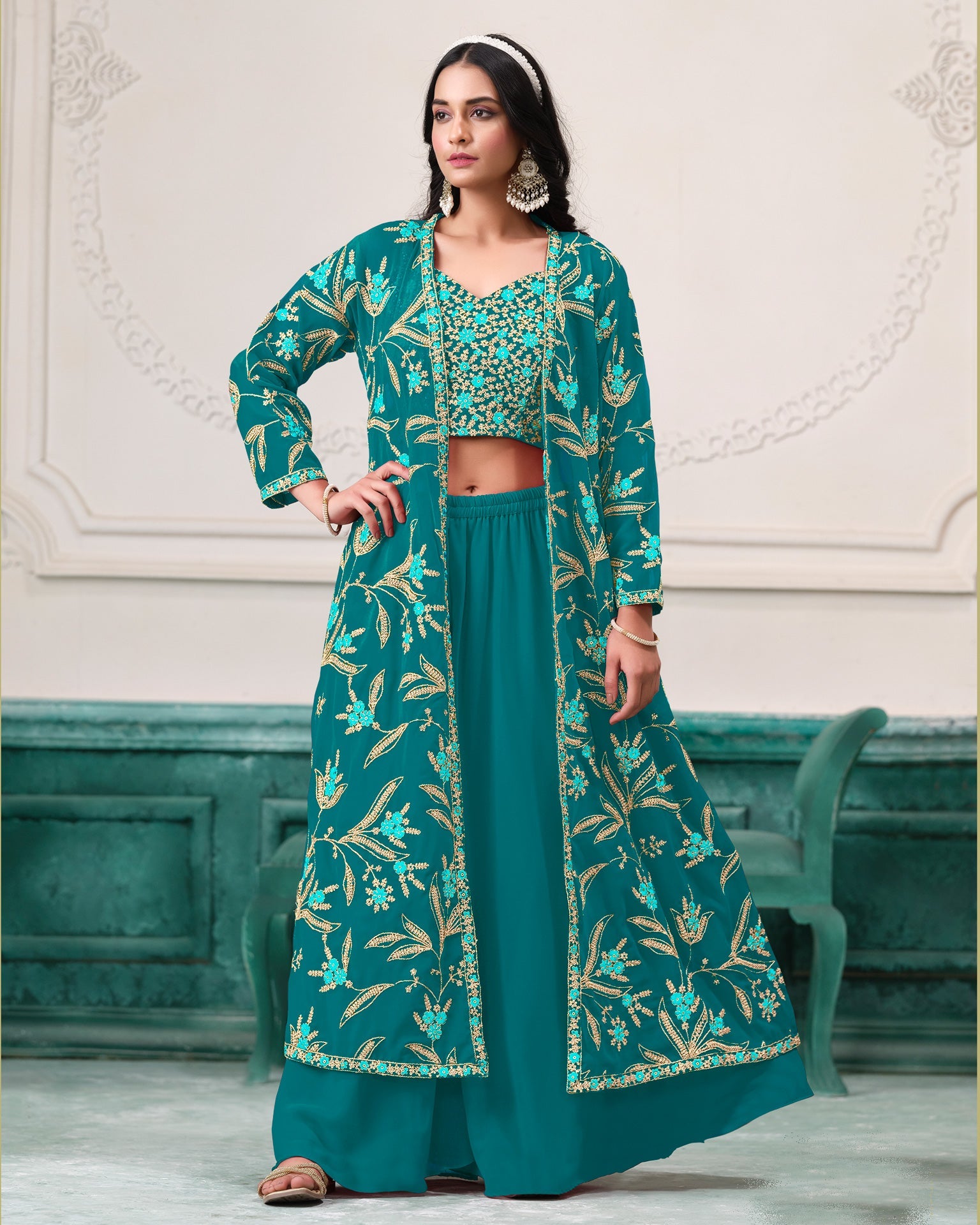 Rama Georgette Women Readymade Thread Work Crop Top Palazzo With Shrug
