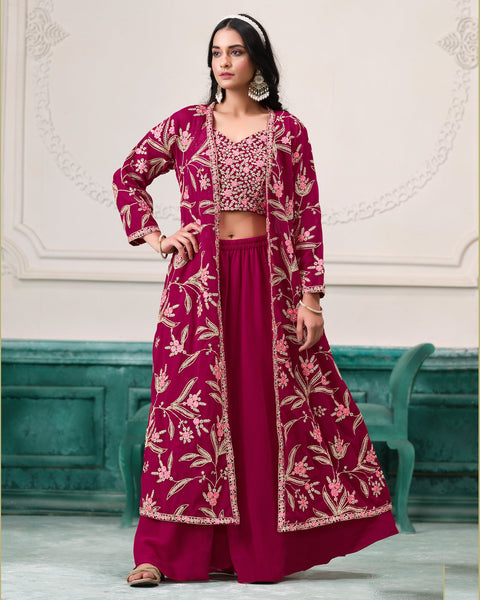 Magenta Georgette Women Readymade Thread Work Crop Top Palazzo With Shrug