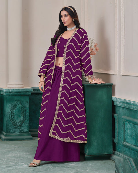 Purple Chinnon Women Readymade Zari Work Crop Top Palazzo With Shrug