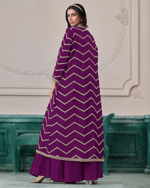 Purple Chinnon Women Readymade Zari Work Crop Top Palazzo With Shrug