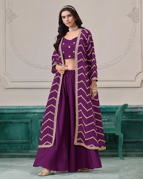 Purple Chinnon Women Readymade Zari Work Crop Top Palazzo With Shrug