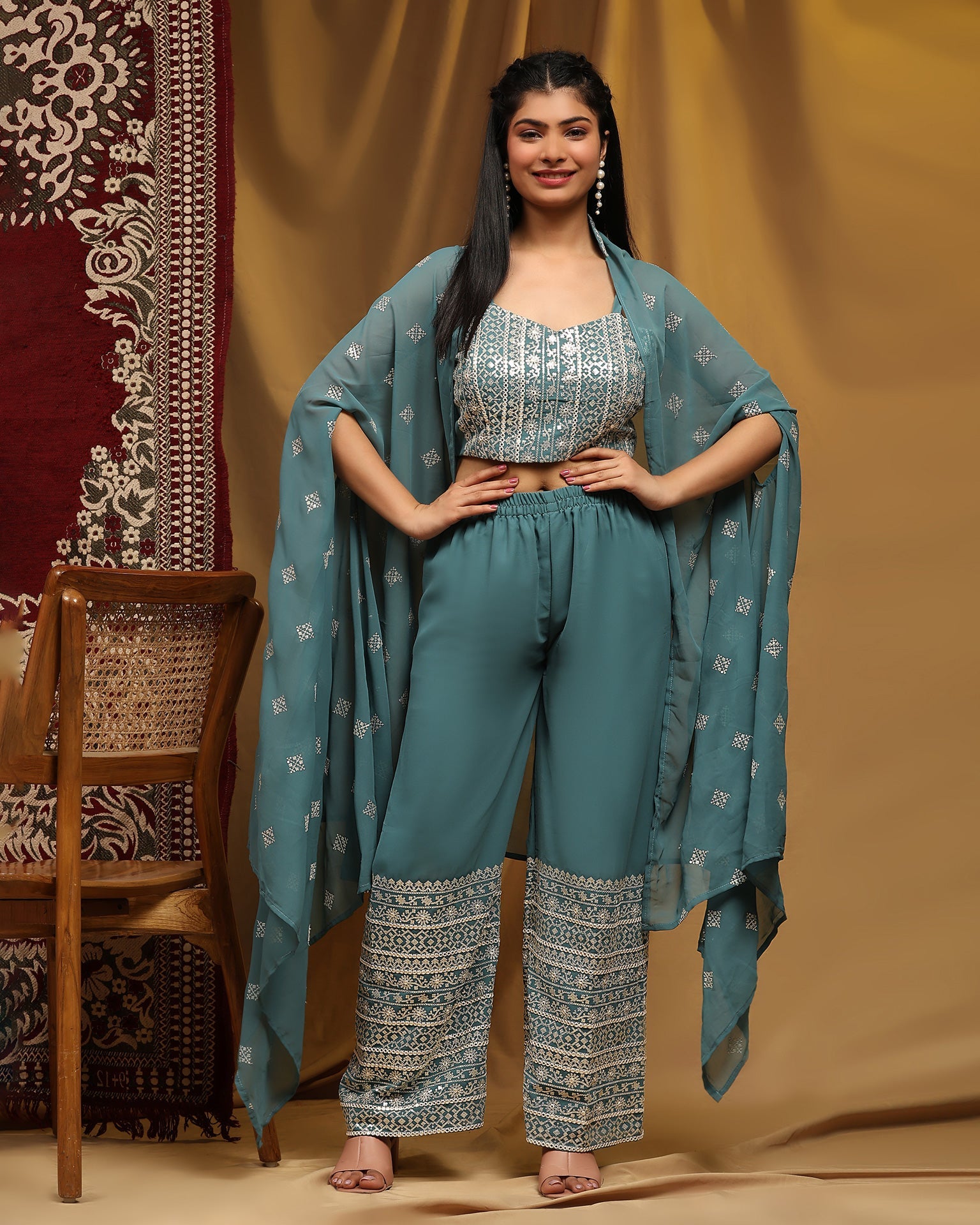 Blue Crop Top Georgette Palazzo Suit With Shrug