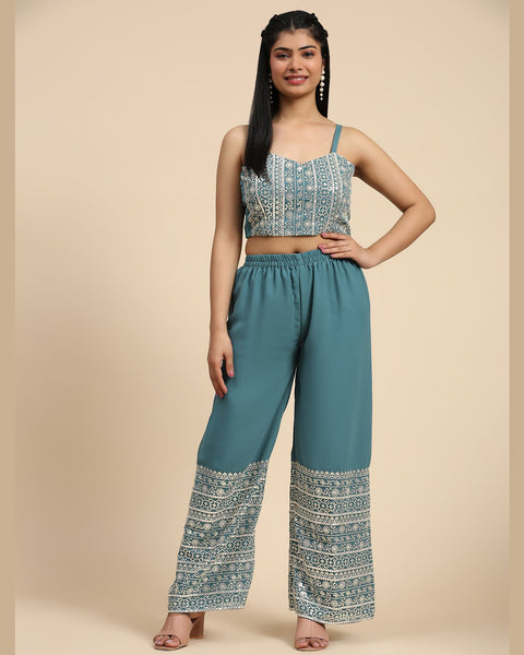 Blue Crop Top Georgette Palazzo Suit With Shrug