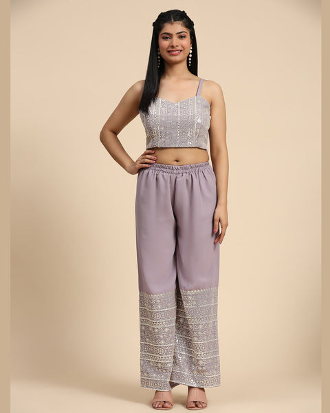 Lavender Crop Top Georgette Palazzo Suit With Shrug