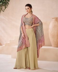 Beige Embroidered Georgette Crop Top Palazzo Suit With Shrug