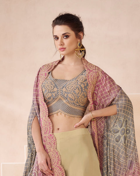 Beige Embroidered Georgette Crop Top Palazzo Suit With Shrug