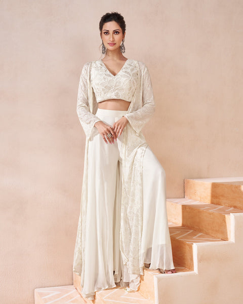 White Embroidered Georgette Crop Top Palazzo Suit With Shrug