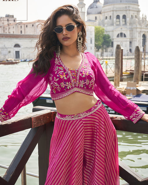 Pink Readymade Silk Crop Top With Palazzo Suit For Women