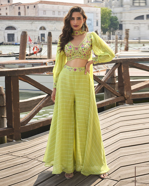 Yellow Readymade Silk Crop Top With Palazzo Suit For Women