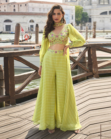 Yellow Readymade Silk Crop Top With Palazzo Suit For Women