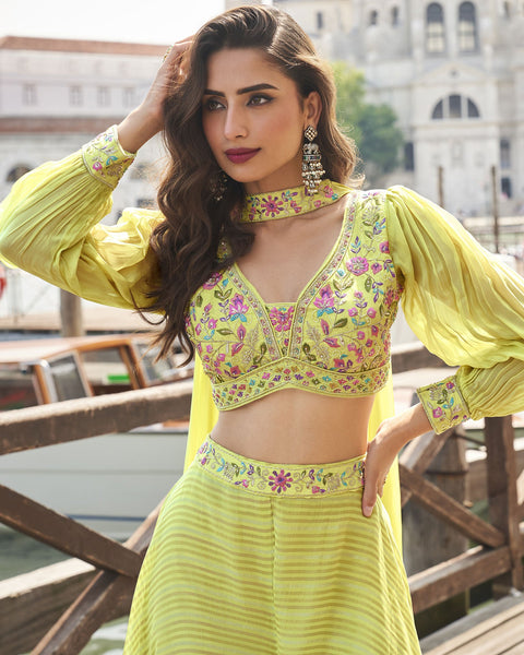 Yellow Readymade Silk Crop Top With Palazzo Suit For Women