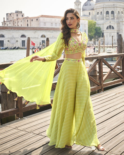 Yellow Readymade Silk Crop Top With Palazzo Suit For Women