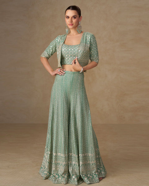 Sea Blue Georgette Women Readymade Mirror Work Crop Top Palazzo Set