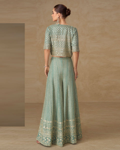 Sea Blue Georgette Women Readymade Mirror Work Crop Top Palazzo Set