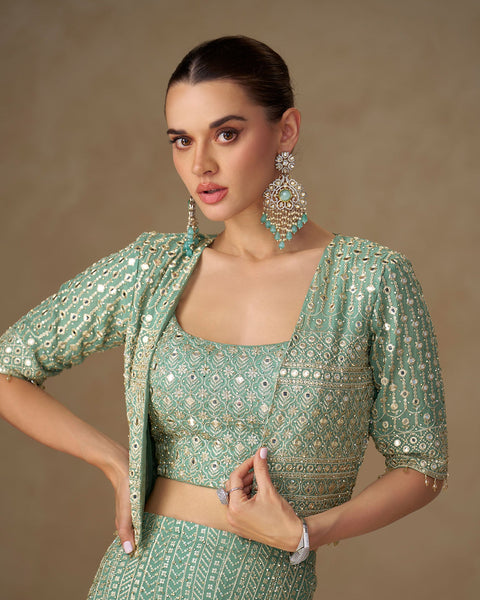 Sea Blue Georgette Women Readymade Mirror Work Crop Top Palazzo Set