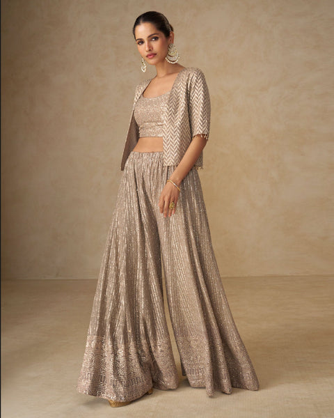 Beige Georgette Women Readymade Mirror Work Crop Top Palazzo Set