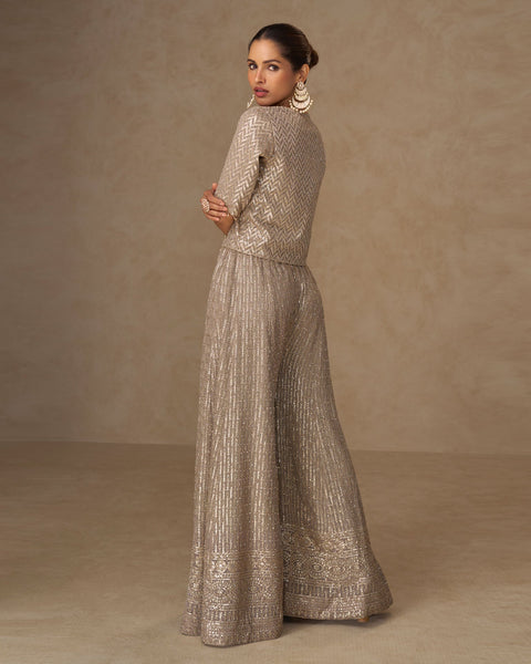 Beige Georgette Women Readymade Mirror Work Crop Top Palazzo Set