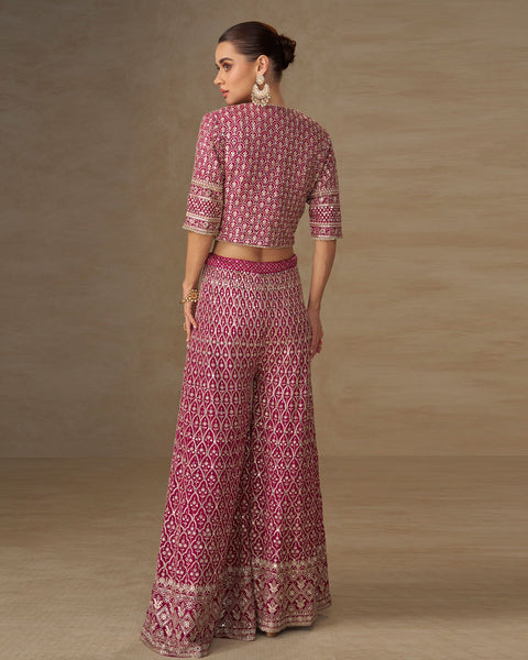 Pink Georgette Women Readymade Mirror Work Crop Top Palazzo Set