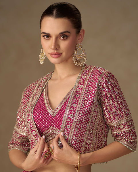 Pink Georgette Women Readymade Mirror Work Crop Top Palazzo Set