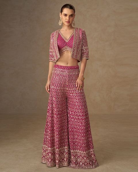 Pink Georgette Women Readymade Mirror Work Crop Top Palazzo Set