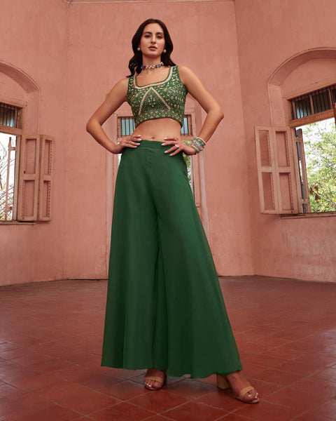 Green Crop Top Sharara Suit With Cape In Georgette Fabric
