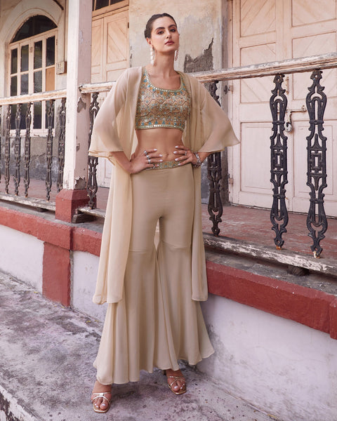 Beige Crop Top Sharara Suit With Cape In Georgette Fabric