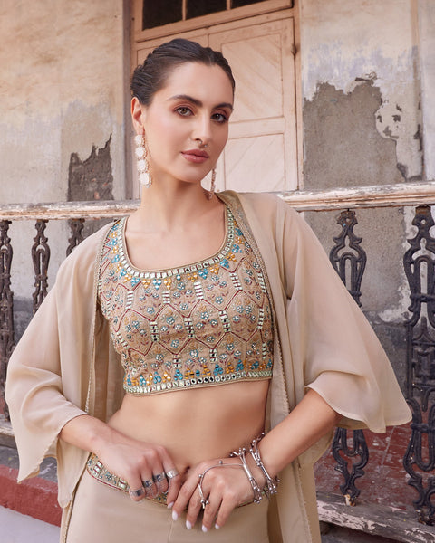 Beige Crop Top Sharara Suit With Cape In Georgette Fabric