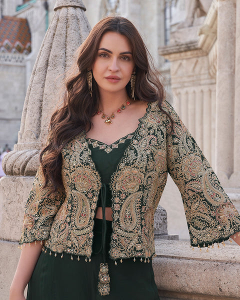 Green Silk Women Readymade Beads, Thread & Mirror Work Crop Top Palazzo With Jacket