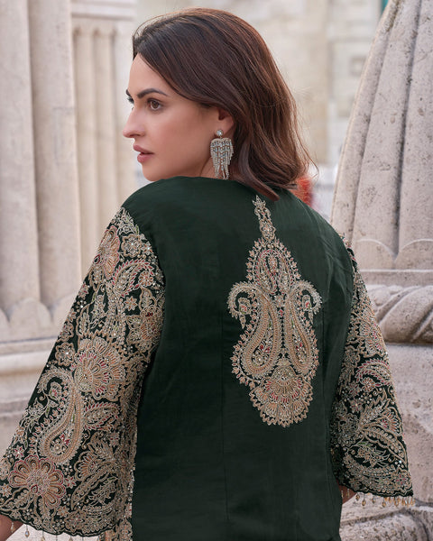 Green Silk Women Readymade Beads, Thread & Mirror Work Crop Top Palazzo With Jacket