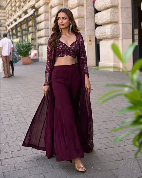 Wine Georgette Women Readymade Sequins Work Crop Top Palazzo Set With Jacket
