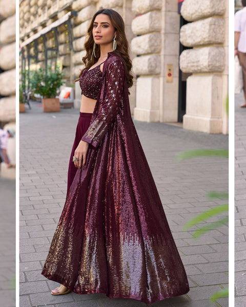Wine Georgette Women Readymade Sequins Work Crop Top Palazzo Set With Jacket