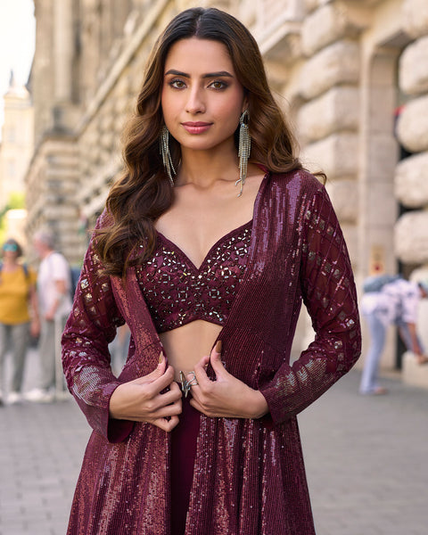 Wine Georgette Women Readymade Sequins Work Crop Top Palazzo Set With Jacket
