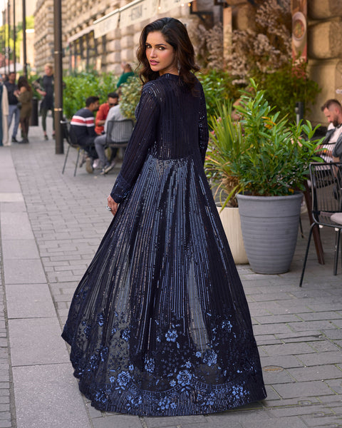 Blue Georgette Women Readymade Sequins Work Crop Top Palazzo Set With Jacket